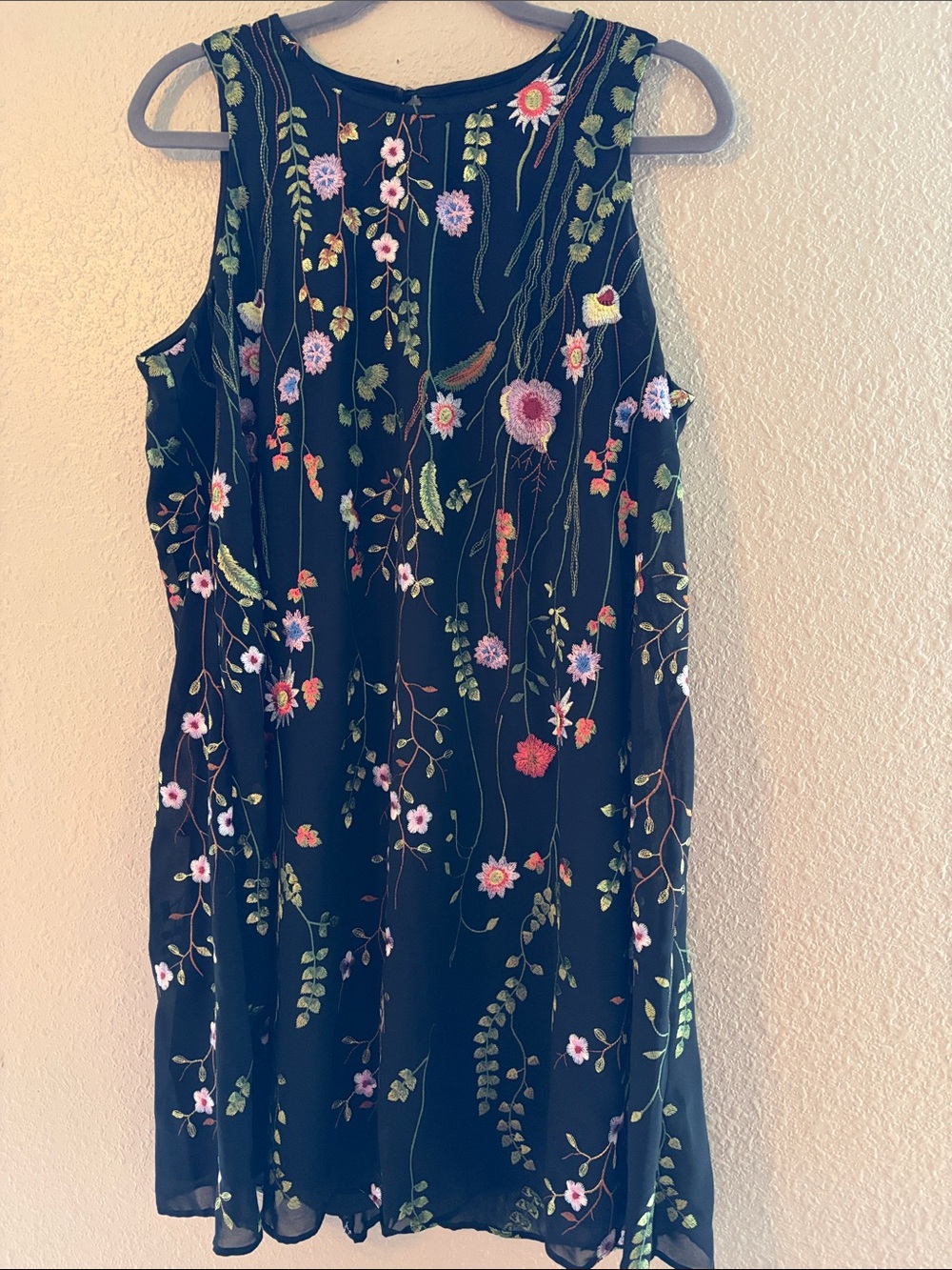 Calvin Klein Black Midi Dress with Multicolor Floral Embroidery